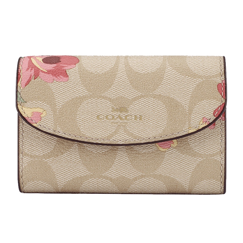 COACH 蔻驰 奢侈品 欧美时尚女士钱包卡其印花人造革短款钥匙包
