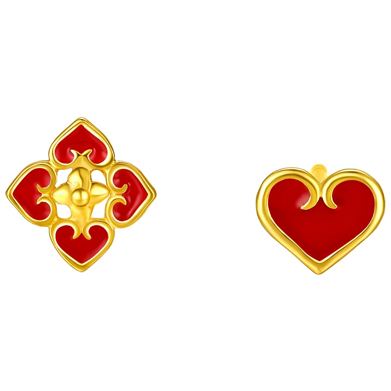 周六福珠宝不对称黄金耳饰女繁花爱心足金耳钉计价AWHH095607