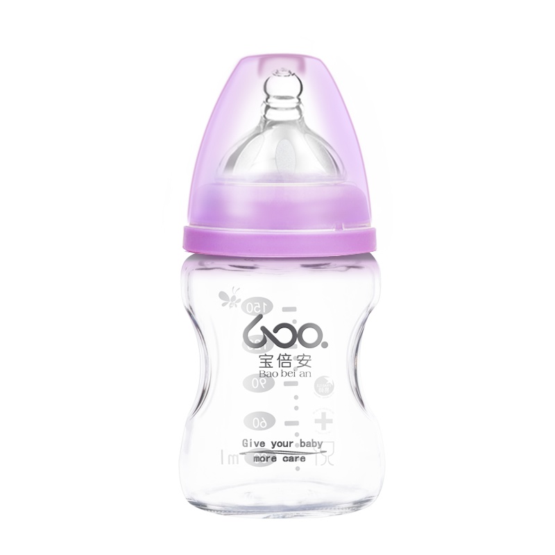 宝倍安(Bao bei an)新生儿专用宽口径玻璃奶瓶婴儿奶瓶宝宝防摔防爆防胀气150ml紫色 0-3月奶嘴[不带吸管]