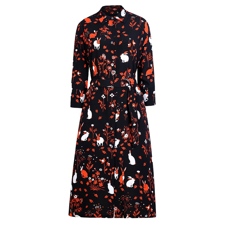 ERDOS 垂坠感白兔印花花色连衣裙翻领系扣中长款衬衫裙