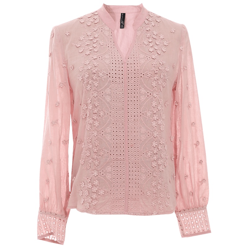 欧昵雪半开领套头衬衫女长袖宽松机绣镂空小衫棉上衣