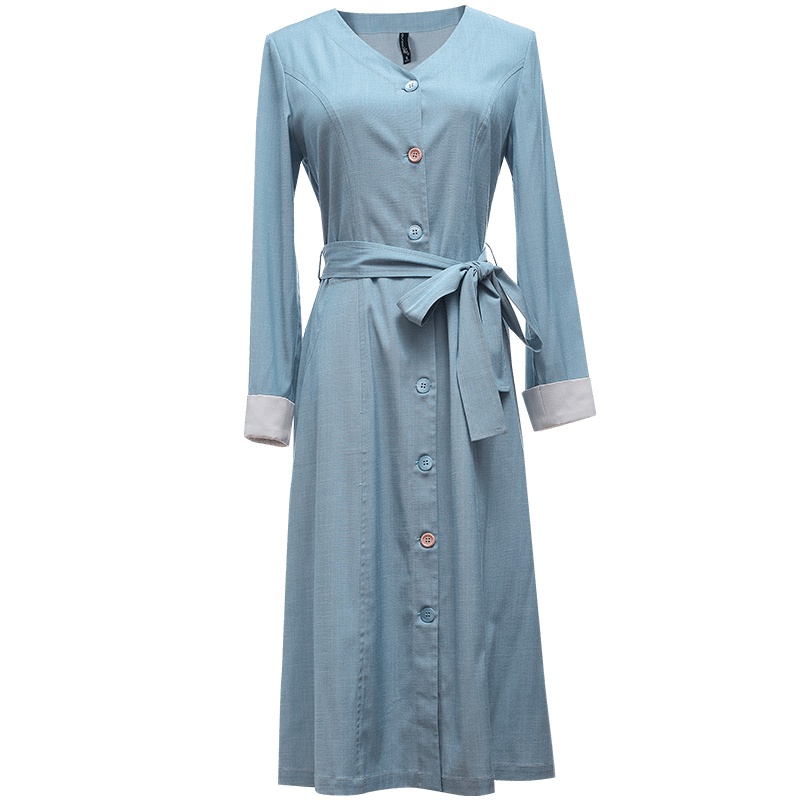 欧昵雪法式V领显瘦单排扣收腰连衣裙女七分袖中裙