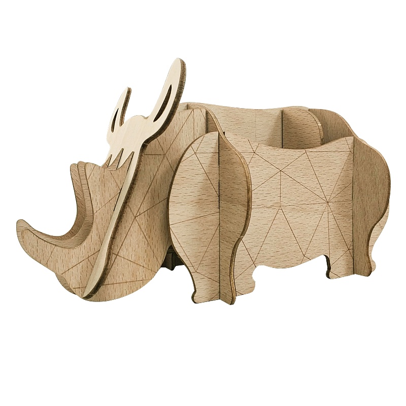 WUDE 犀牛收纳笔筒手机架木制立体3d拼图木质diy积木玩具儿童手工拼装模型组装插片