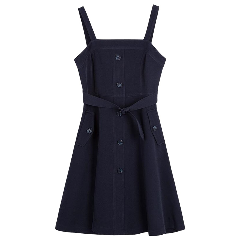 拉夏贝尔春季韩版小清新学院风高腰修身中裙子吊带连衣裙女