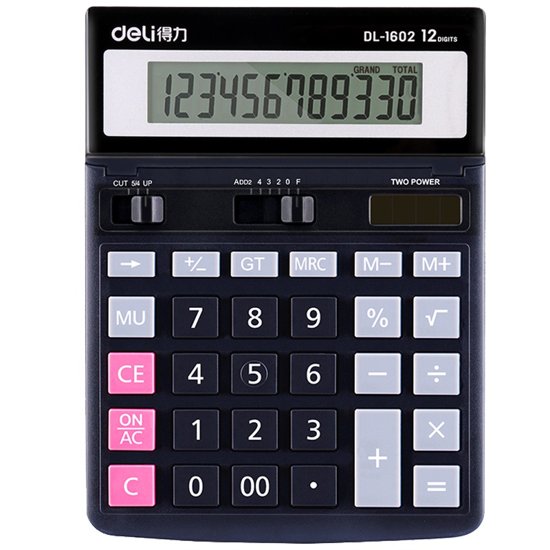 得力(deli)1602桌面型计算器 办公计算机 太阳能计算器 双电源计算机 12位宽屏计算器 办公用品 黑色