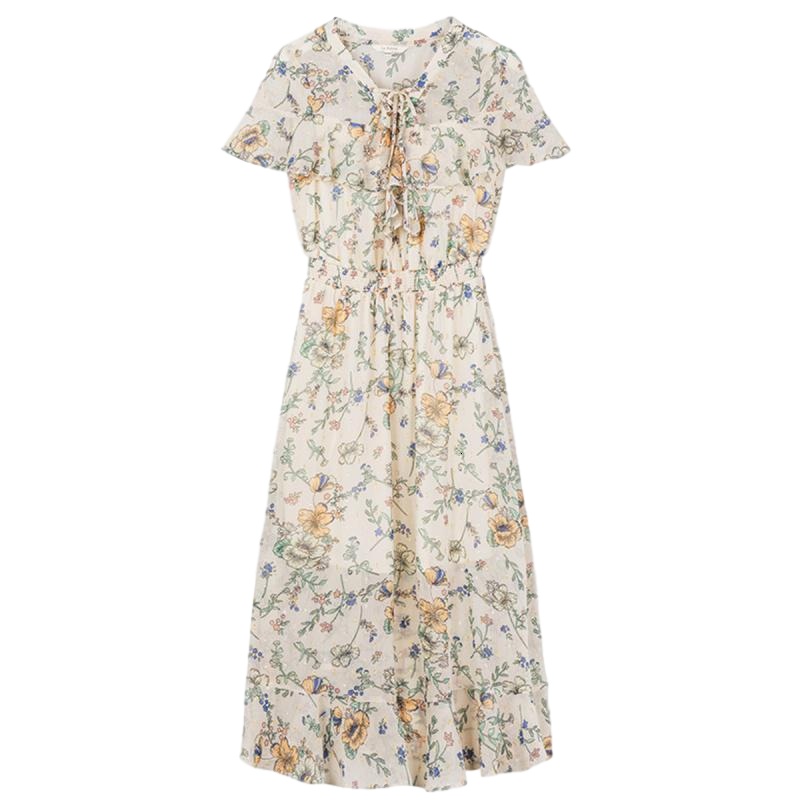 拉夏贝尔拉贝缇夏女韩版复古温柔百搭中长碎花雪纺连衣裙