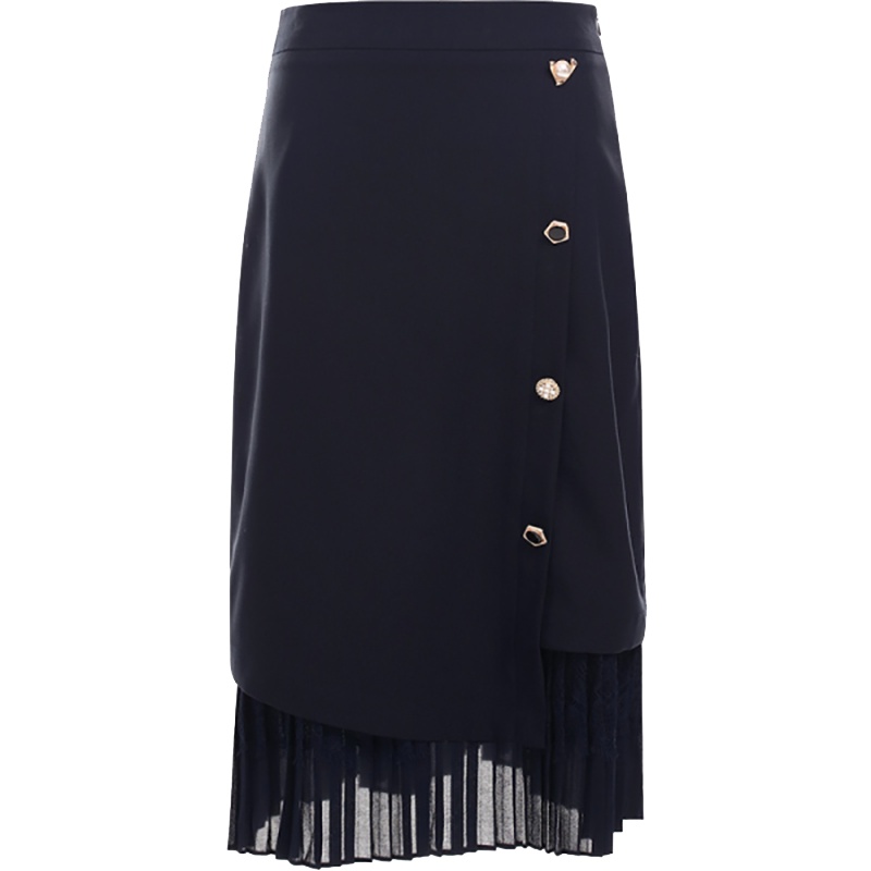 欧昵雪高腰单排扣拼接花边显瘦半身裙女包臀a字中裙