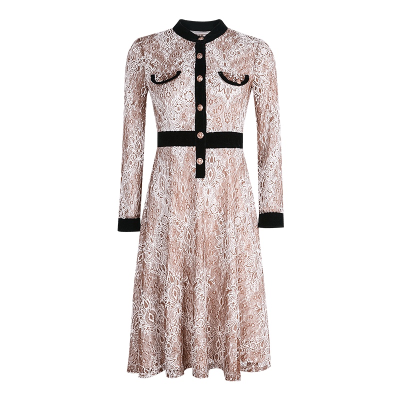 晩白 新品时尚优雅通勤收腰显瘦女式A字大摆蕾丝连衣裙女