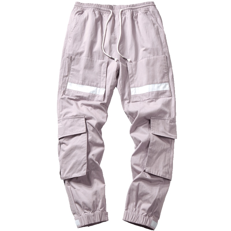Guuka拼接粉色工装裤男潮牌 青少年嘻哈纯棉多口袋运动束脚裤宽松