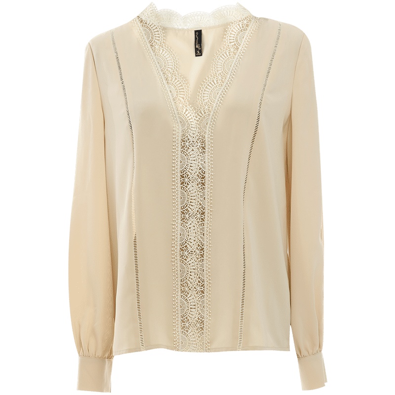 欧昵雪镂空花边V领套头长袖衬衫女洋气时尚小衫上衣