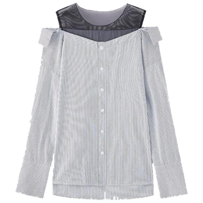 【热卖】7m韩版露肩长袖衬衫女新款百搭上衣复古宽松蓝白条纹衬衣女70011578
