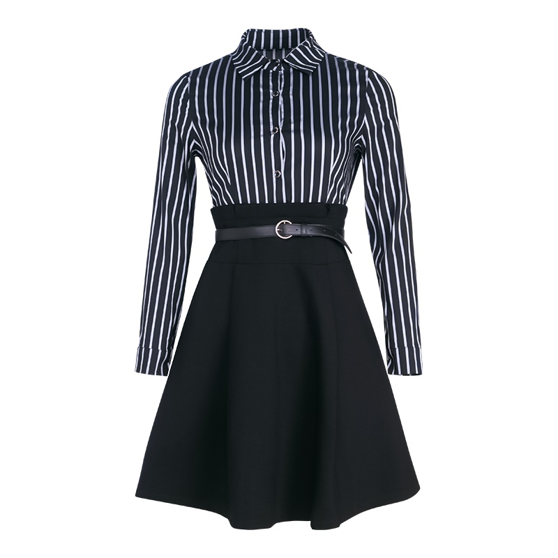 晚白女裙装2019春季新款通勤假两件翻领条纹收腰长袖衬衫连衣裙
