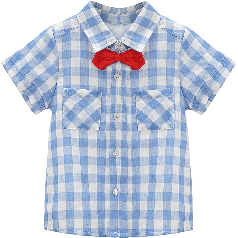 男童格子短袖立领前开扣衬衣