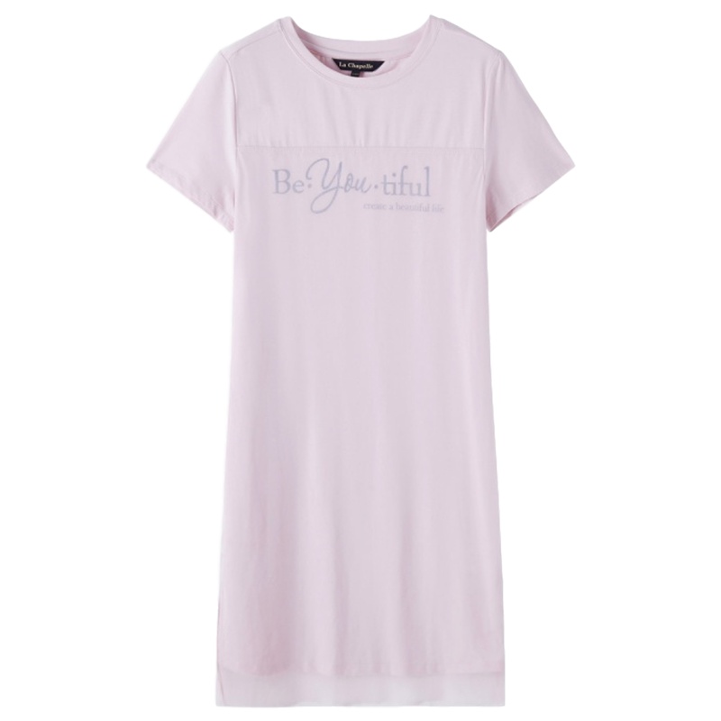 拉夏贝尔T恤连衣裙新款夏季清新网纱拼接气质宽松短袖裙子女