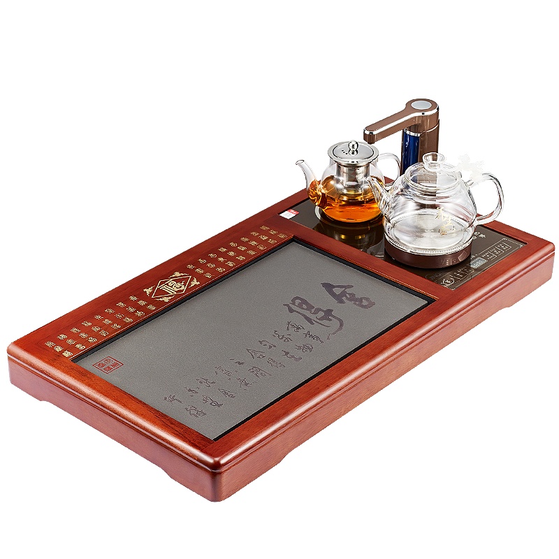 金杞(JINQI)整套玻璃茶具全自动上水电热水壶整套玻璃电磁茶炉抽水烧水保温嵌入式茶盘四合一茶托花梨木咖啡色