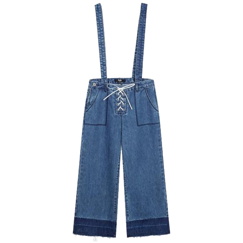 【热卖】网红背带裤女春季2018新款韩版宽松高腰直筒拼接七分牛仔裤潮20011725