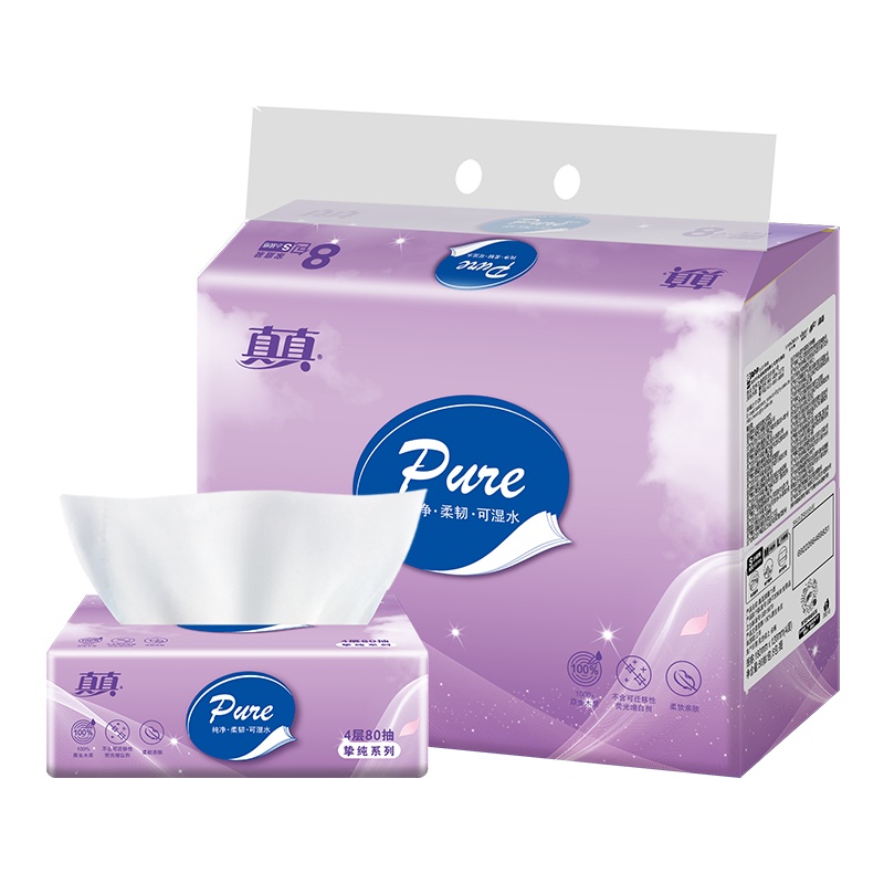 真真 抽纸 挚纯系列 4层80抽32包面巾纸 餐巾纸 擦手纸(紫色)