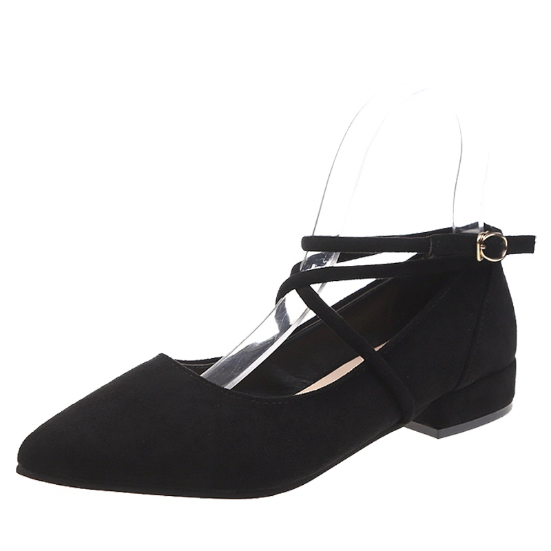 2017夏季新款韩版浅口尖头低跟鞋粗跟凉鞋交叉绑带搭扣单鞋绒面女