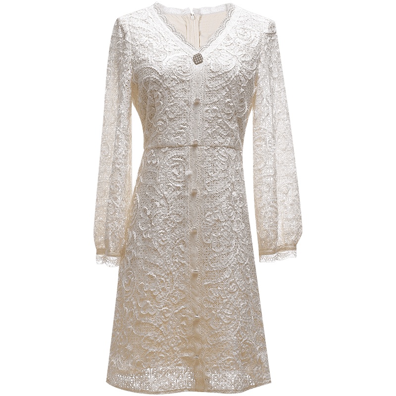 欧昵雪花边V领显瘦收腰蕾丝连衣裙女镂空长袖a字中裙