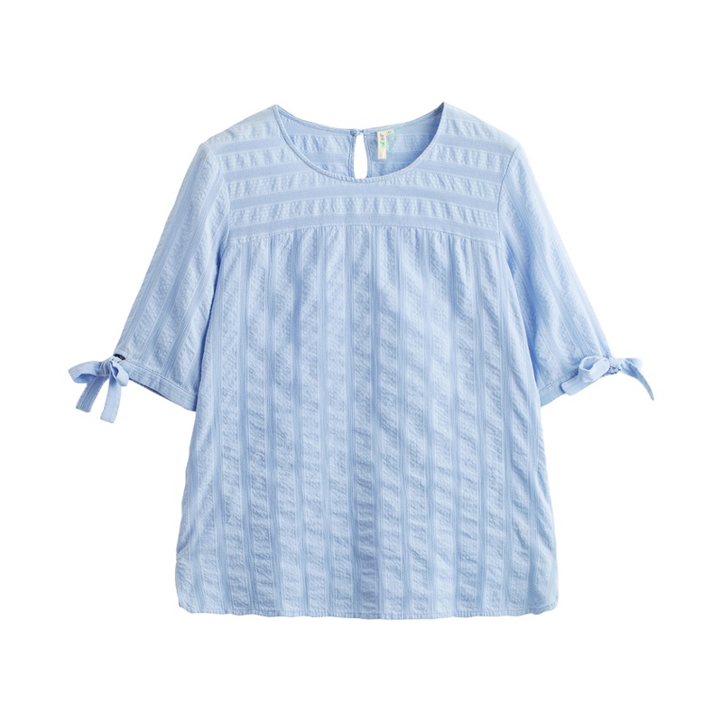 茵曼夏装新款文艺范暗条纹蝴蝶结五分袖套头衬衣女衬衫上衣