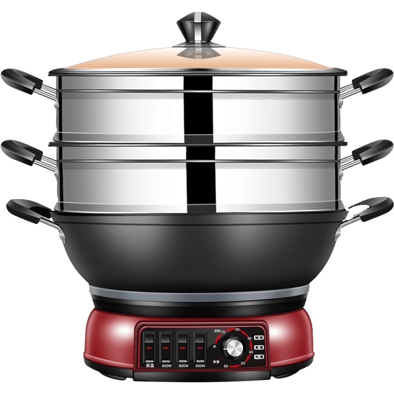 电炒锅法耐多功能电热锅家用蒸煮锅一体式插电用炒锅电火锅电蒸锅_原生铸铁锅32单笼