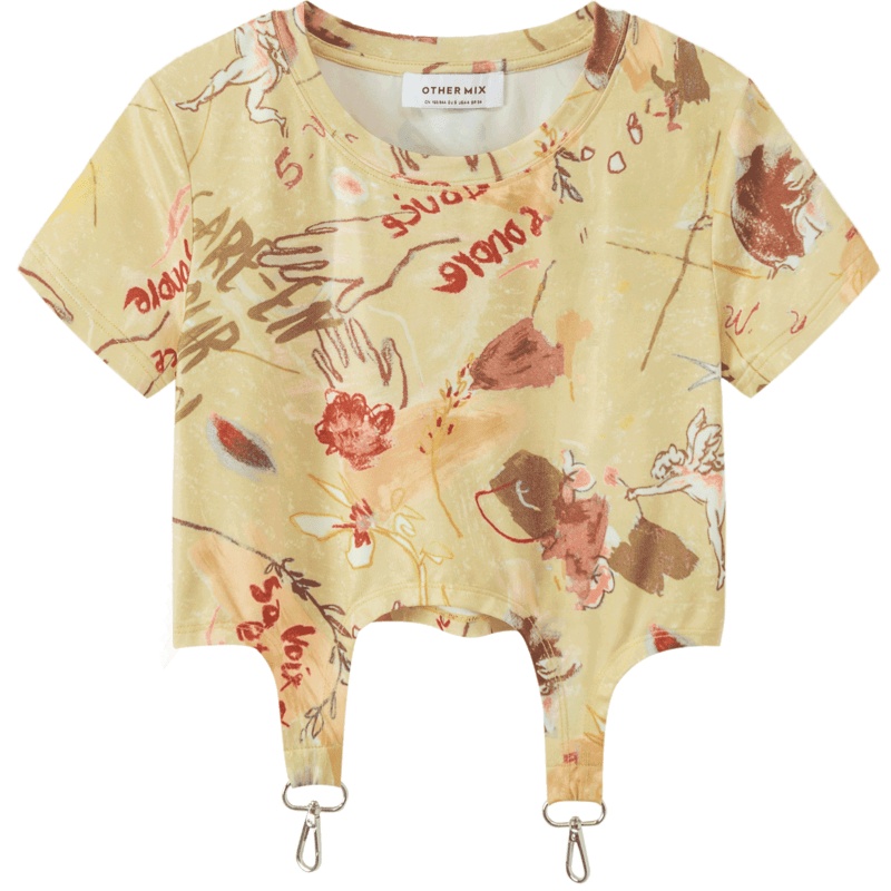 OtherMix小心机露腰钥匙扣t恤女2021年夏季新款印花薄款圆领上衣