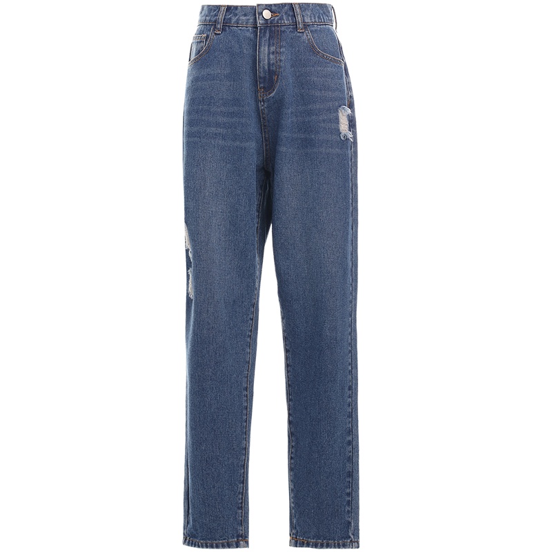 欧昵雪高腰宽松直筒小脚牛仔裤女显瘦九分磨破哈伦裤