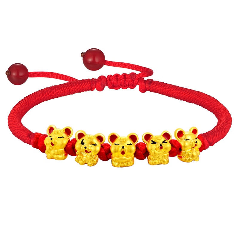 蒂蔻 本命年生肖五福鼠黄金转运珠手链男女款编织红绳烤漆3D硬足金可爱小老鼠手饰新年礼物