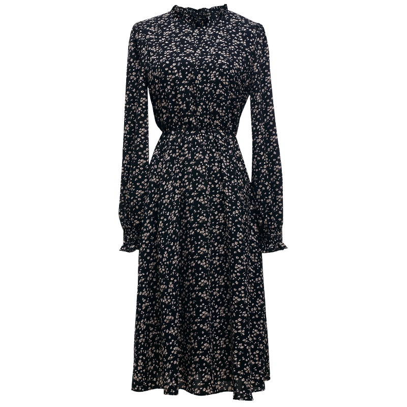 欧昵雪木耳立领收腰显瘦连衣裙女法式长袖碎花桔梗裙