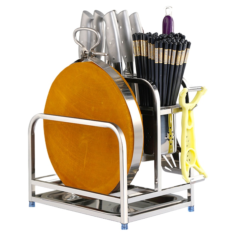 全不锈钢多功能刀架简约刀座筷子筒一体收纳菜板架厨房用品置物架 敬平 不锈钢单筒+不锈钢盘[筷筒在右]厨具架