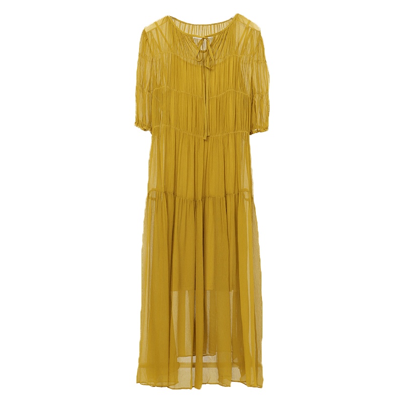 ENJOY'ME长款连衣裙20女装春季新品气质打褶短袖