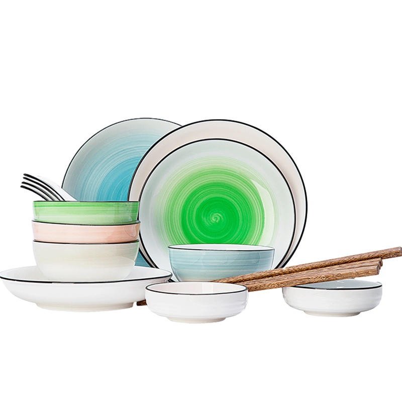 贝瑟斯 水波纹简约18件套陶瓷碗碟筷子家用餐具套装