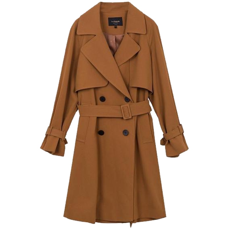 【热卖】拉夏贝尔轻熟风风衣卡其色中长款女士2019秋冬新款宽松韩版收腰大衣外套10015599