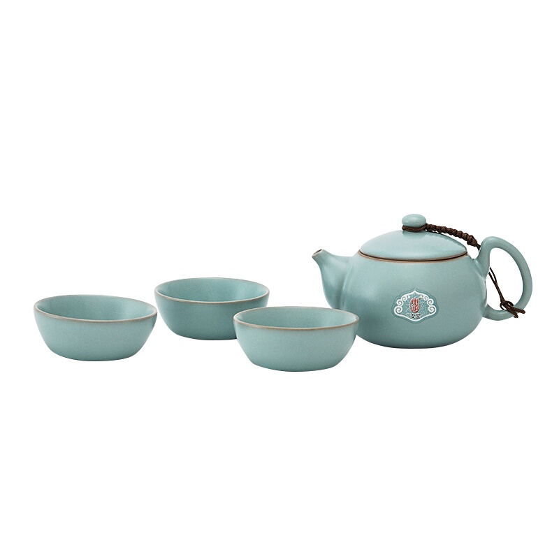 东道汝窑坐禅茶组(天青)陶瓷汝窑汝瓷景德镇茶具茶组 一壶三杯 禅意中国风 冰裂釉