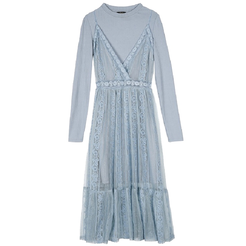 拉夏贝尔连衣裙针织衫两件套女秋季新款高腰法式娃娃裙长袖打底裙子30084366