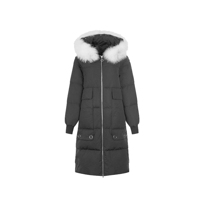 拉夏贝尔秋冬显瘦韩版宽松加厚保暖毛领中长连帽羽绒服女1T000252