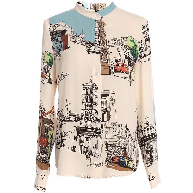 欧昵雪复古立领显瘦印花衬衫女设计感小众长袖上衣