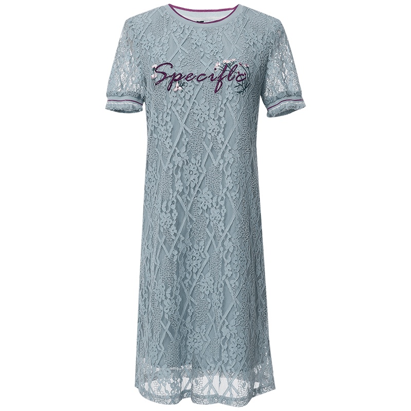 欧昵雪夏季撞色圆领字母绣花镂空蕾丝连衣裙女木耳边短袖