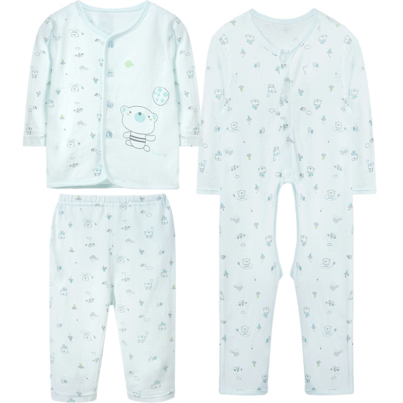 婴姿坊男女幼童夏季舒适开扣套装印花开裆连体衣三件套0-1岁59-80码