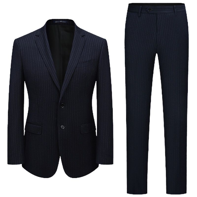 BAROMON/培罗蒙2020秋季新品商务羊毛西装藏青色条纹修身西服套装