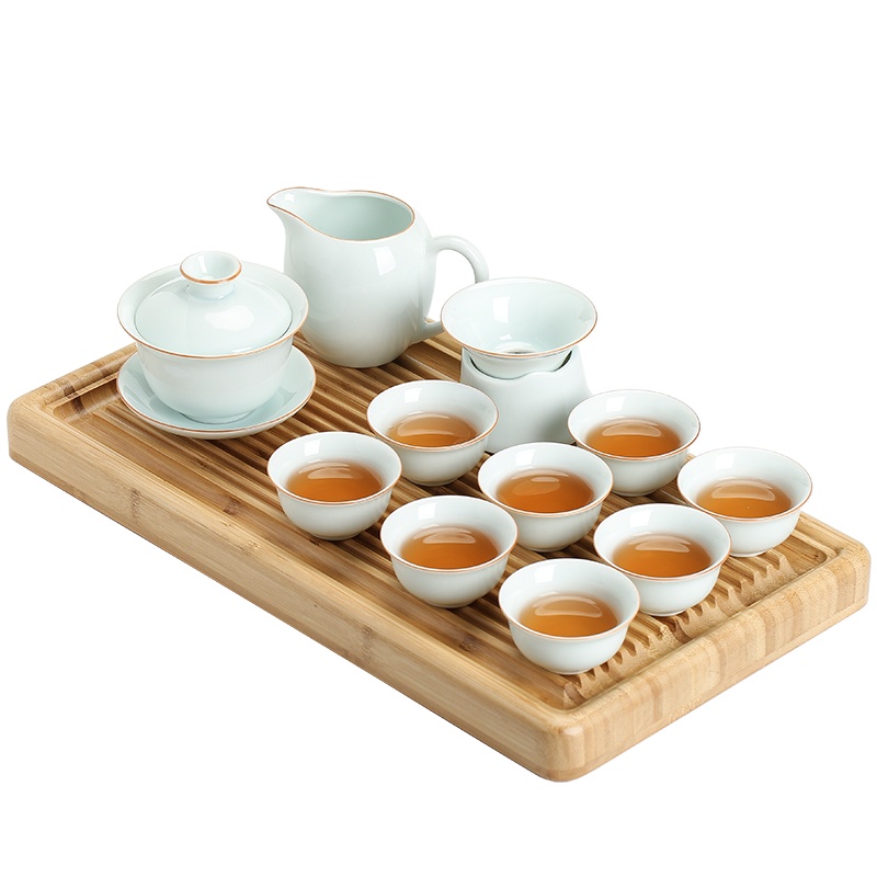 苏氏陶瓷 (SUSHI CERAMICS) 茶具茶盘套组 青白瓷简约8杯茶具配细水长流竹木茶盘