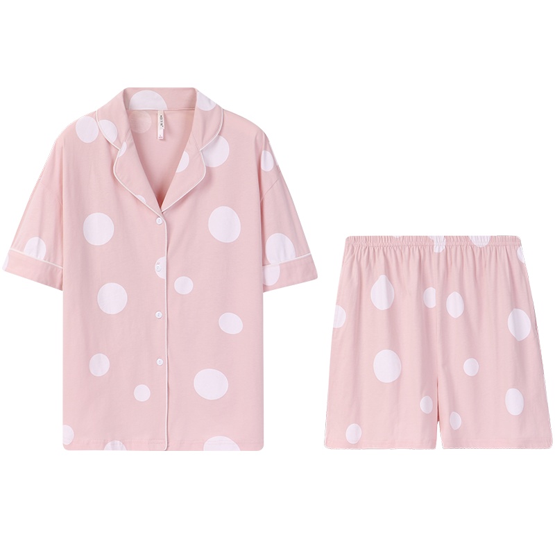 安之伴睡衣女夏冰爽棉印圆点国民领短袖女套装