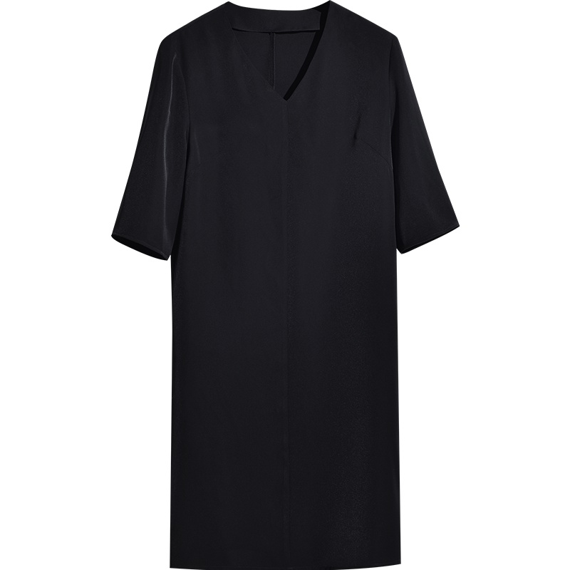 娅丽达女装2019夏季新款雪纺连衣裙中长款五分袖纯色V领高腰韩版I6319