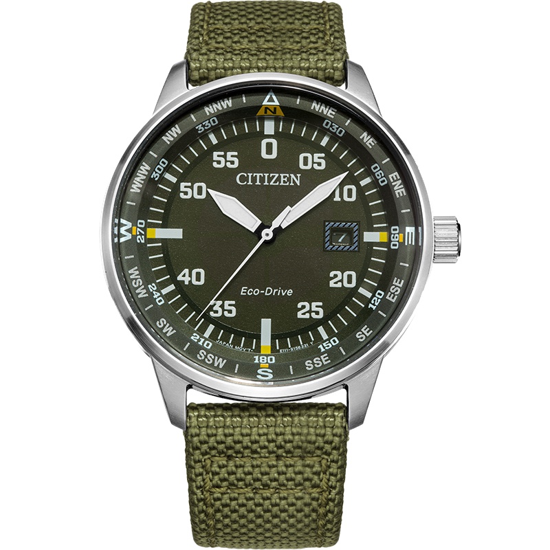 西铁城(CITIZEN)手表男士日韩品牌光动能日期显示军绿尼龙表带石英复古休闲军旅风男表BM7390-22X