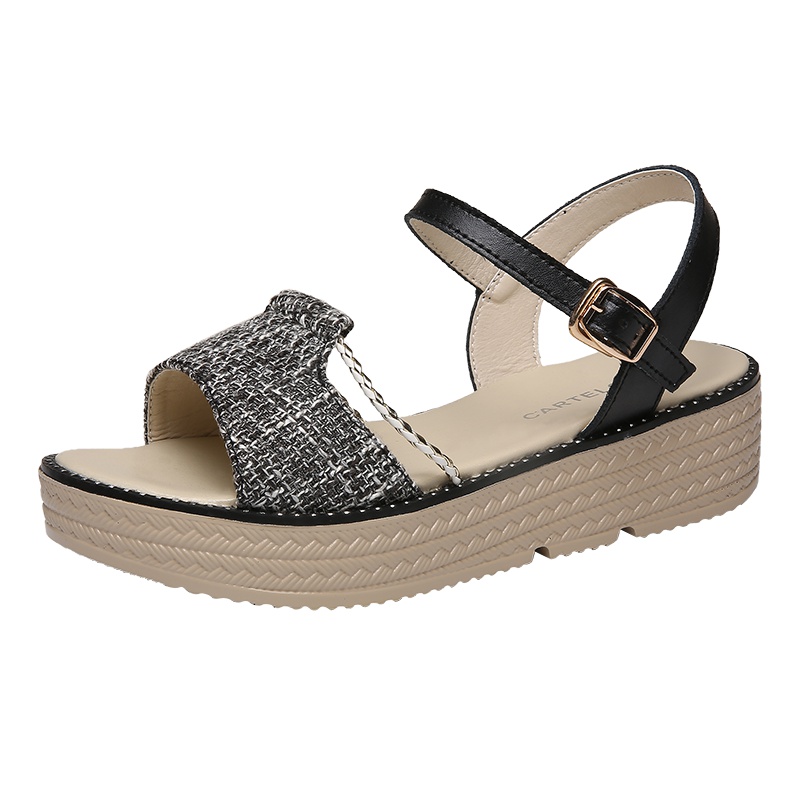 卡帝乐鳄鱼(CARTELO)中空女鞋夏季编织带沙滩鞋一字带凉鞋松糕厚底女士凉鞋