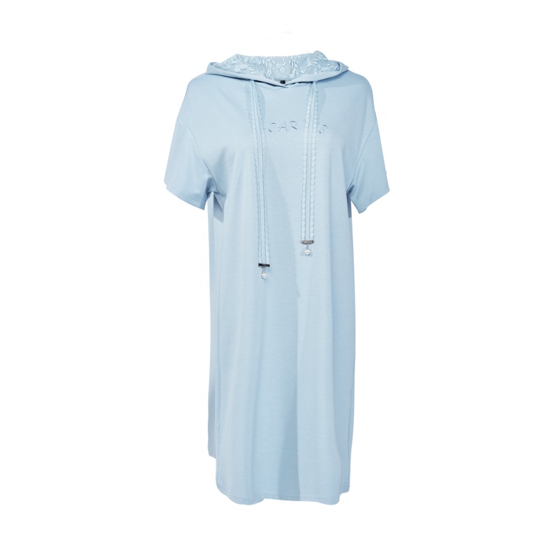 欧昵雪夏季套头拼接蕾丝连帽宽松字母短袖T恤连衣裙女