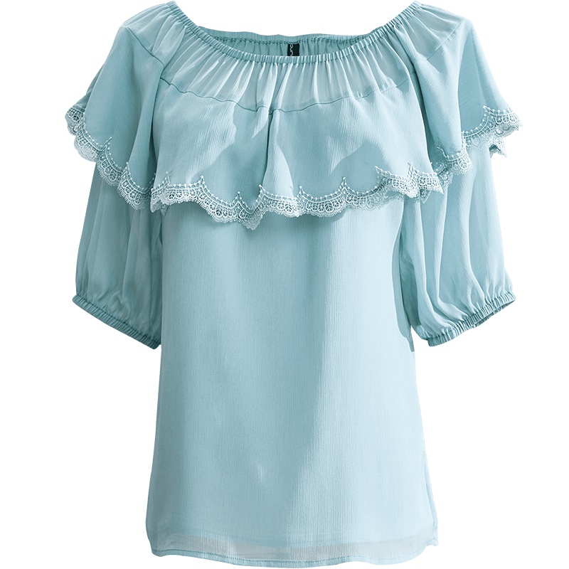 欧昵雪 夏一字肩雪纺衫女短袖宽松遮肚子荷叶边上衣时尚小衫X