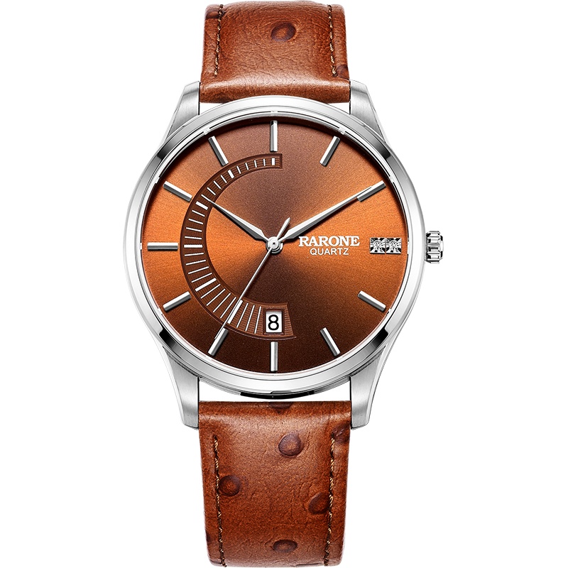 雷诺(RARONE)【同心圆设计】日历显示石英男表简约休闲皮带表个性时尚男士手表8600219