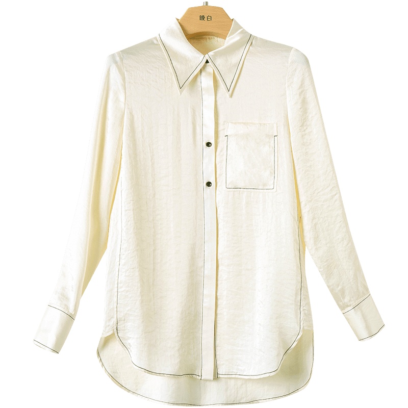 晚白2021春季新品简约纯色翻领长袖休闲百搭单排扣常规衬衫衬衣女