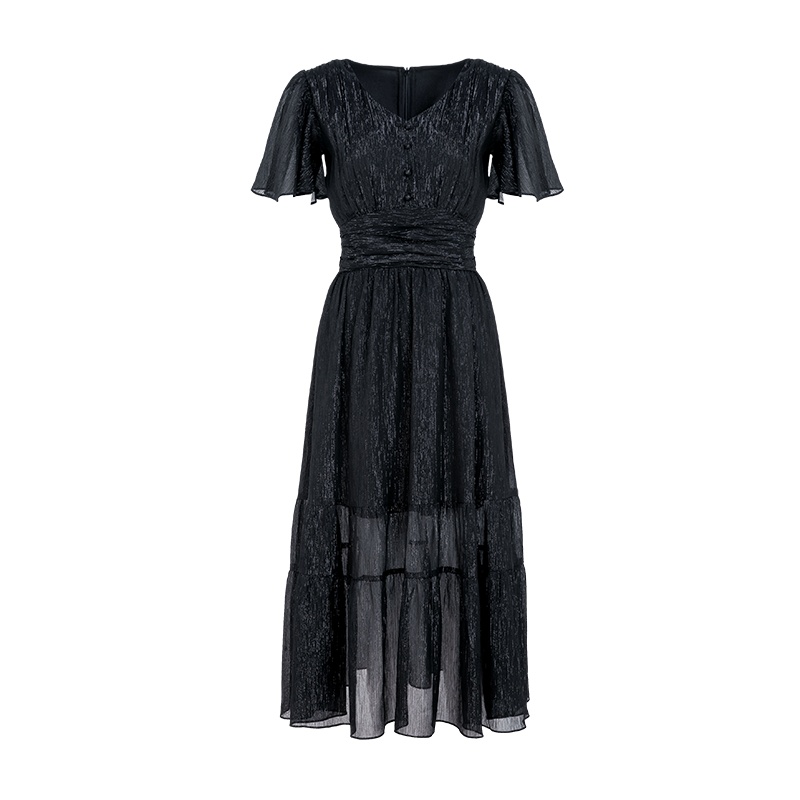 晚白 新品时尚优雅V领收腰显瘦长款A字大摆短袖连衣裙女